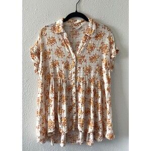 Jane and Delancey Women's Top Size L Floral Boho Button Up Babydoll Short Sleeve